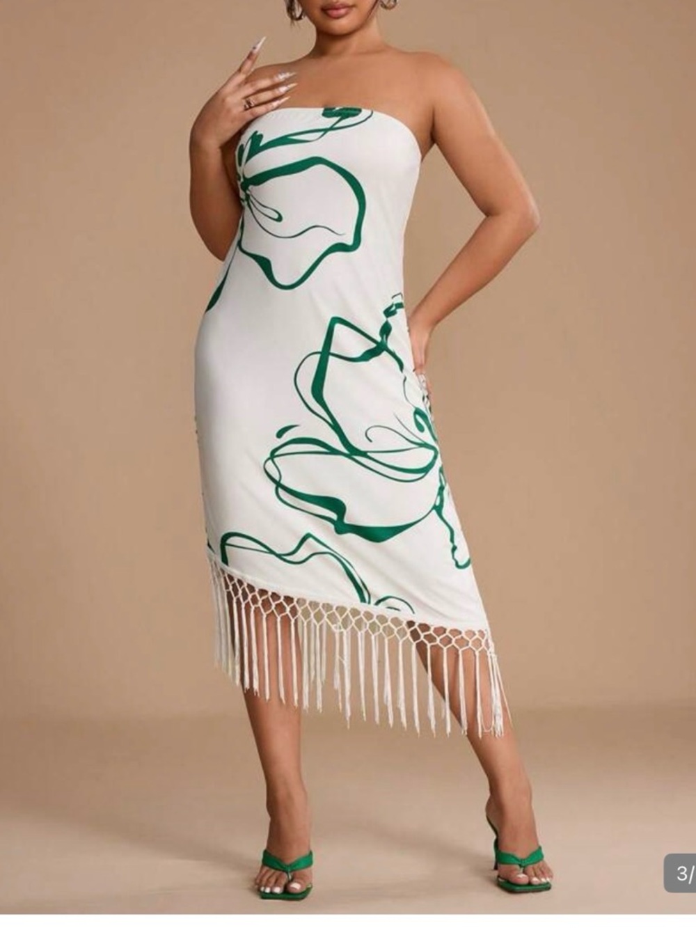 SHEIN White Strapless Midi Dress with Green Abstract Swirl & Fringe